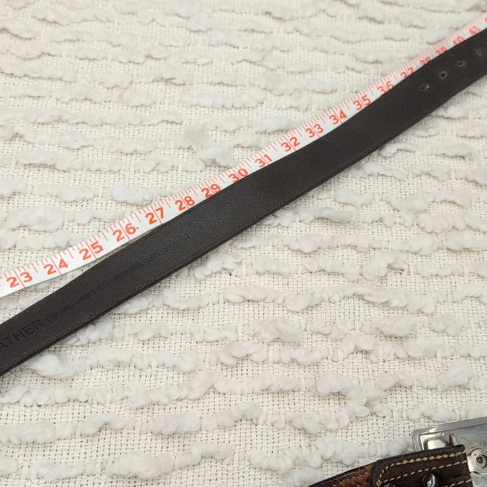 Vintage Western Cowboy Camel Leather Men's Belt Nickel Silver Bronco Buckle